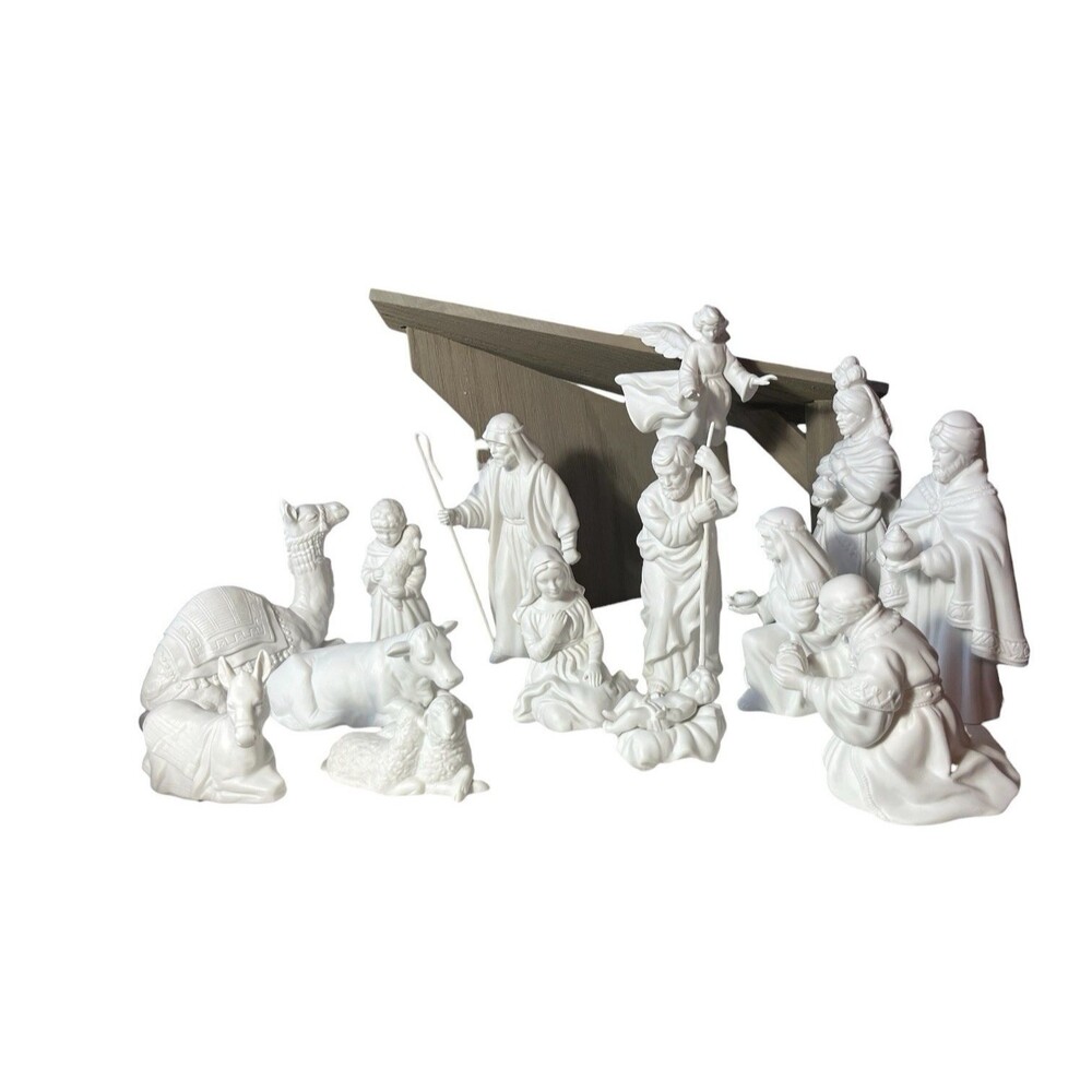 Vintage Avon Nativity Set 15 Piece White Porcelain Bisque Boxes Camel Angel 80s